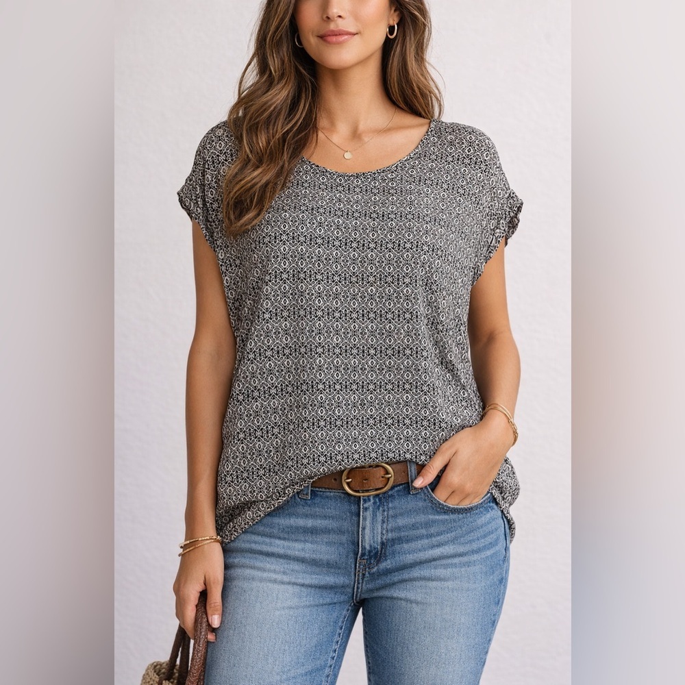 Pleione Black & Cream Geometric Boho Blouse L Flowy Minimalist Top